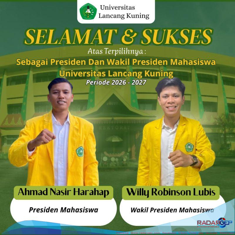 Foto: Ahmad Nasir Harahap dan Willy Robinson Lubis resmi terpilih sebagai Presiden dan Wakil Presiden Mahasiswa Universitas Lancang Kuning periode 2026–2027