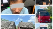 Petugas kepolisian mengamankan bukti truk dalam kasus Illegal Logging Pelalawan
